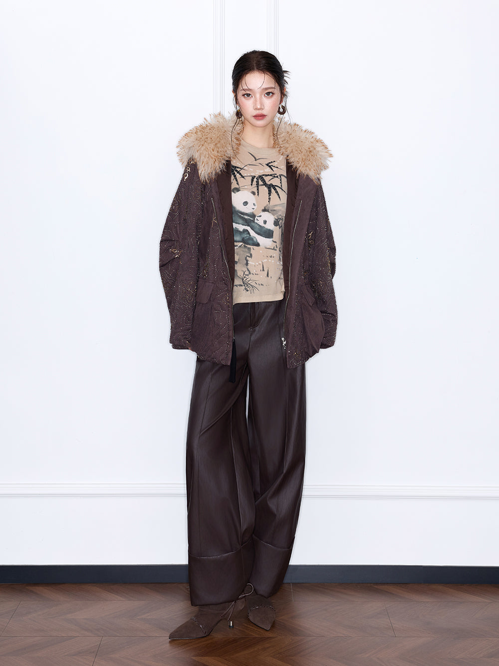 MUKZIN“Capsule Collection”Oversized Fur Collar Puffer Coat Coffee Metallic Print Casual Winter Jacket