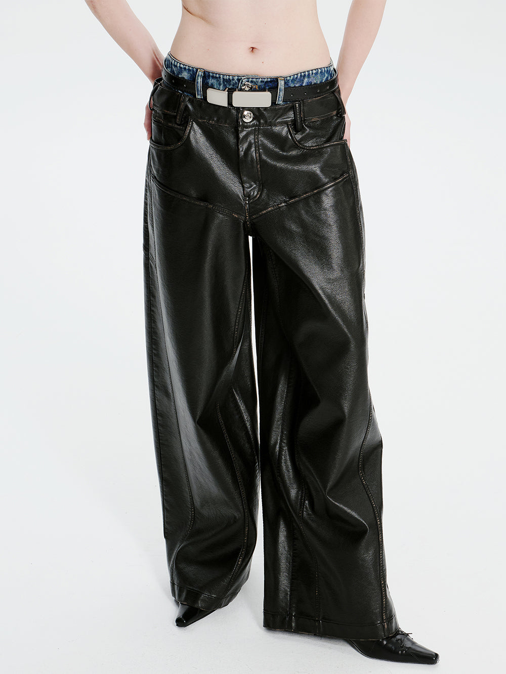 MUKTANK×MODULER Denim-Paneled Heavy-Duty Oversized Leather Pants