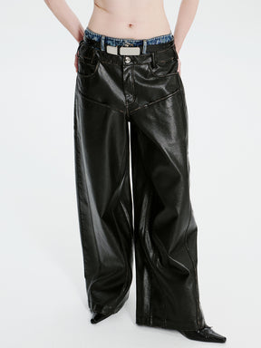 MUKTANK×MODULER Denim-Paneled Heavy-Duty Oversized Leather Pants