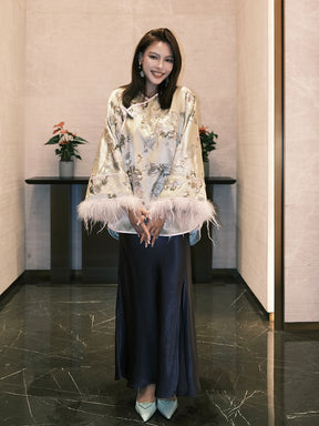 MUKZIN“Capsule Collection”Champagne Gold Jacquard Qipao-Collar Feather-Sleeve Chinese Style Loose Shirt