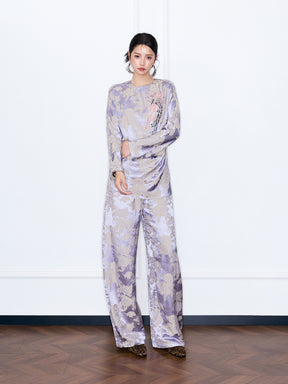 MUKZIN“Capsule Collection”Lavender Floral Jacquard Long Sleeve Top | Sequin Embroidered Oriental Blouse