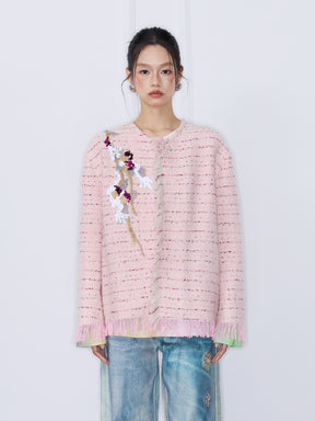 MUKZIN“Capsule Collection”Pink Textured Fabric 3D Floral Embroidery Fringe Short Coat