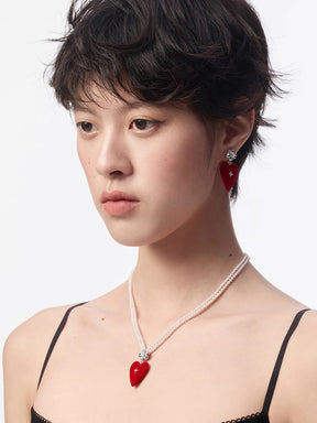 MUKTANK×SUN HUNTER Large-Sized Velvet Heart Faux Pearl Necklace