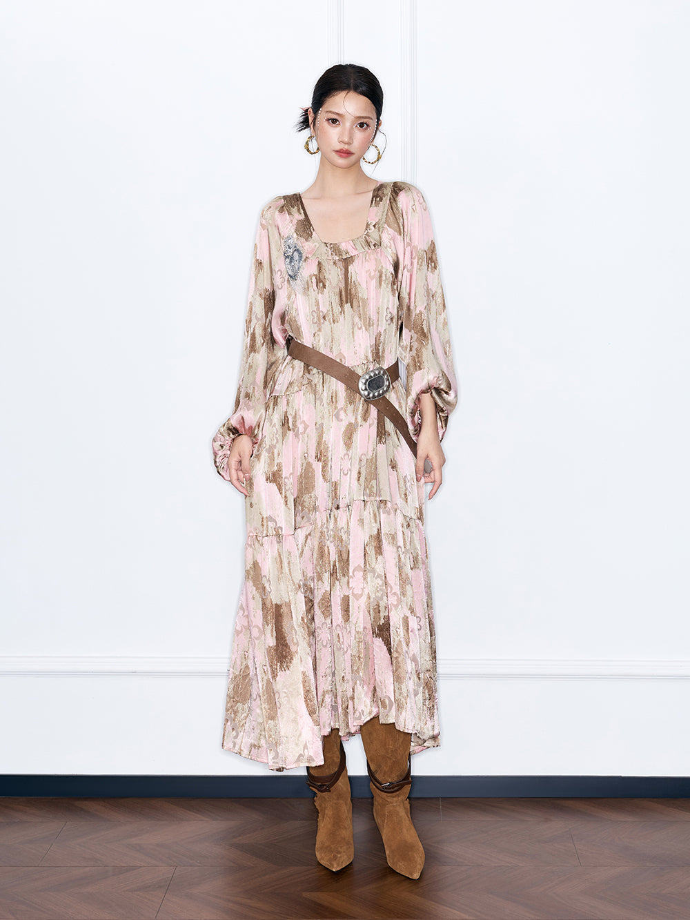 MUKZIN“Capsule Collection”Pink Abstract Print Tiered Maxi Dress | Oriental Sequin Embellished Long Sleeve Dress with Belt