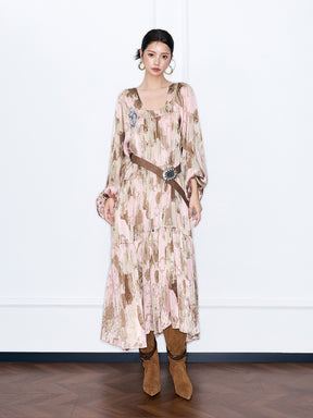 MUKZIN“Capsule Collection”Pink Abstract Print Tiered Maxi Dress | Oriental Sequin Embellished Long Sleeve Dress with Belt