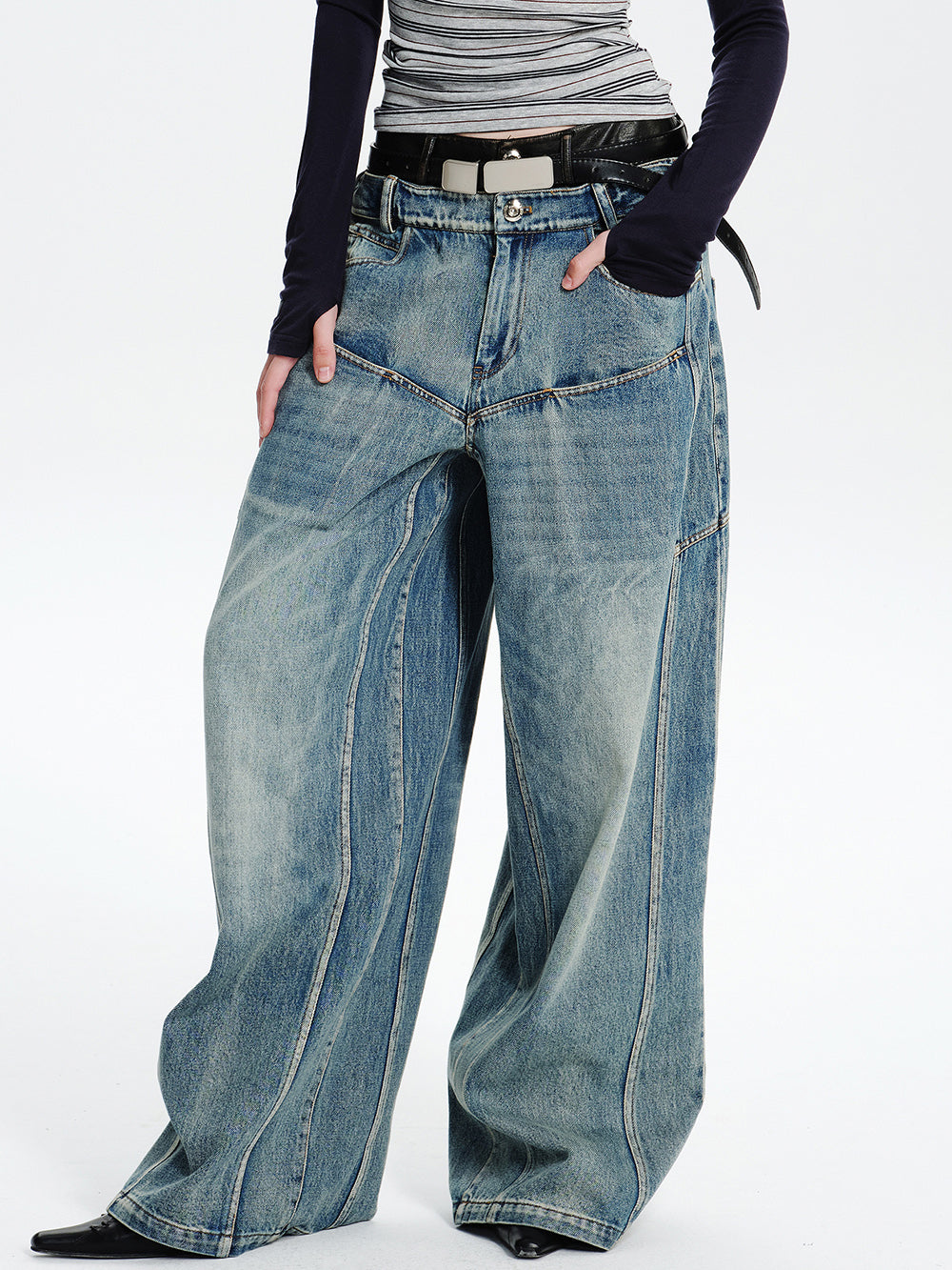 MUKTANK×MODULER Leather-Paneled Heavy-Duty Oversized Jeans
