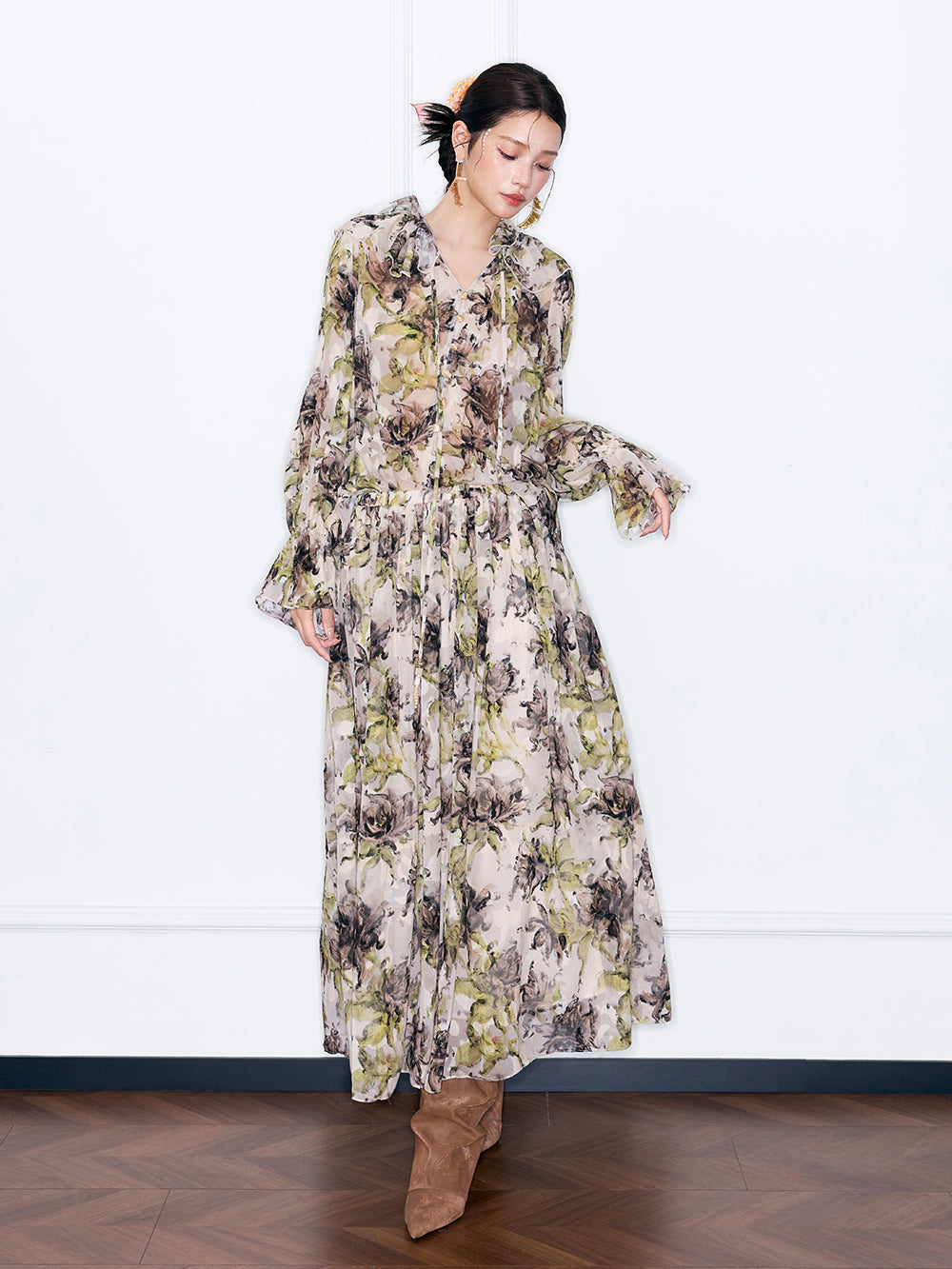 MUKZIN¡°Capsule Collection¡±Vintage Floral Print Chiffon Maxi Dress, Long Sleeve Ruffle Hem Boho Long Dress for Women