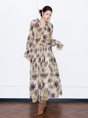 MUKZIN¡°Capsule Collection¡±Vintage Floral Print Chiffon Maxi Dress, Long Sleeve Ruffle Hem Boho Long Dress for Women