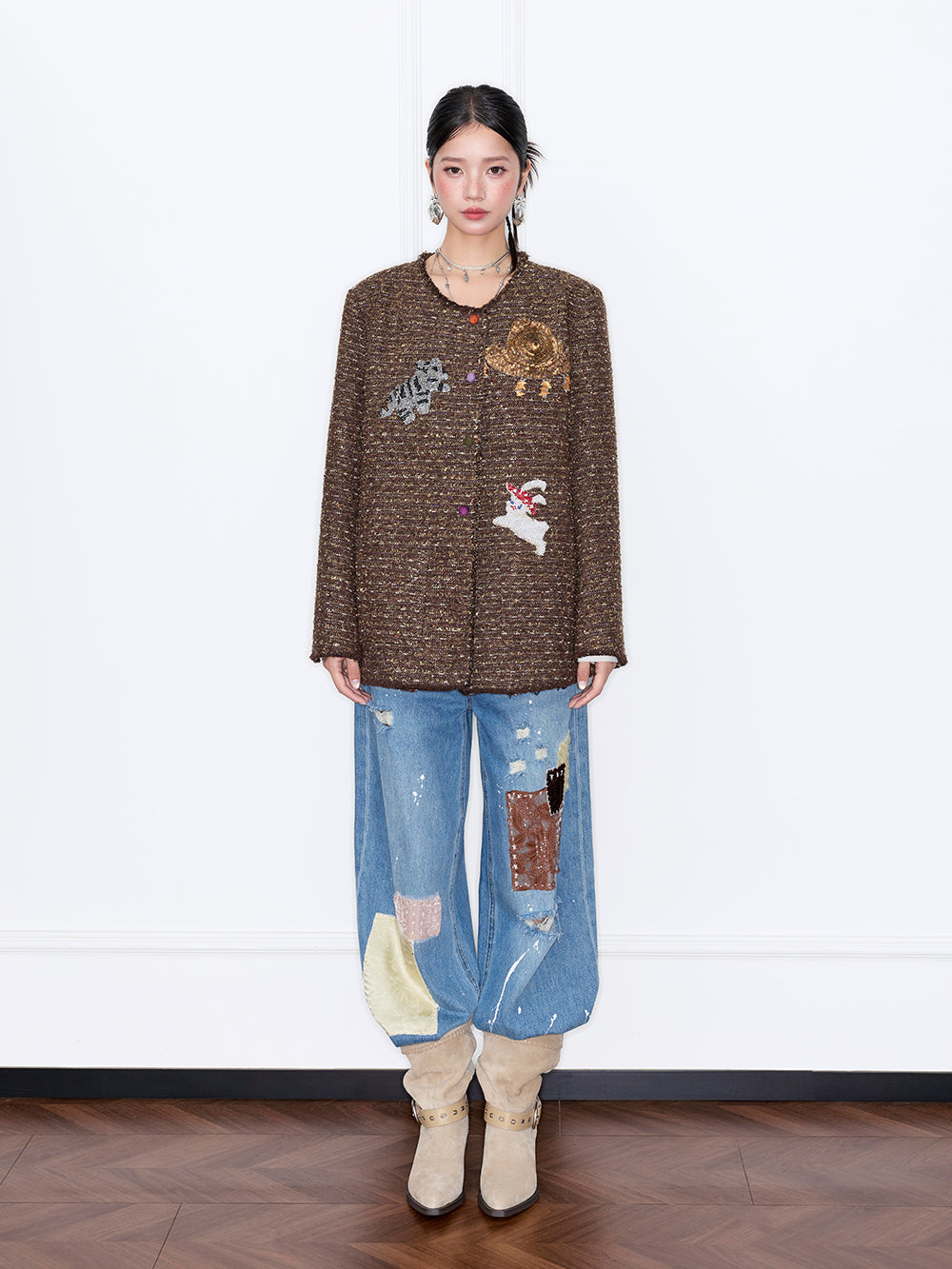 MUKZIN“Capsule Collection”Vintage Bouclé Jacket with 3D Appliqué - Round Neck Loose Fit