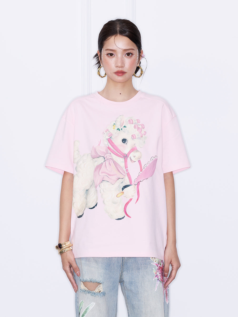 MUKZIN“Capsule Collection”Pink/White Cute Lamb Print Short Sleeve T-Shirt | Kawaii Cartoon Graphic Oversized Tee