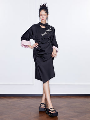 MUKZIN  SpringPrelude"Wind in the Pines" New Chinese-style Satin Cheongsam Skirt with Waist Gathers