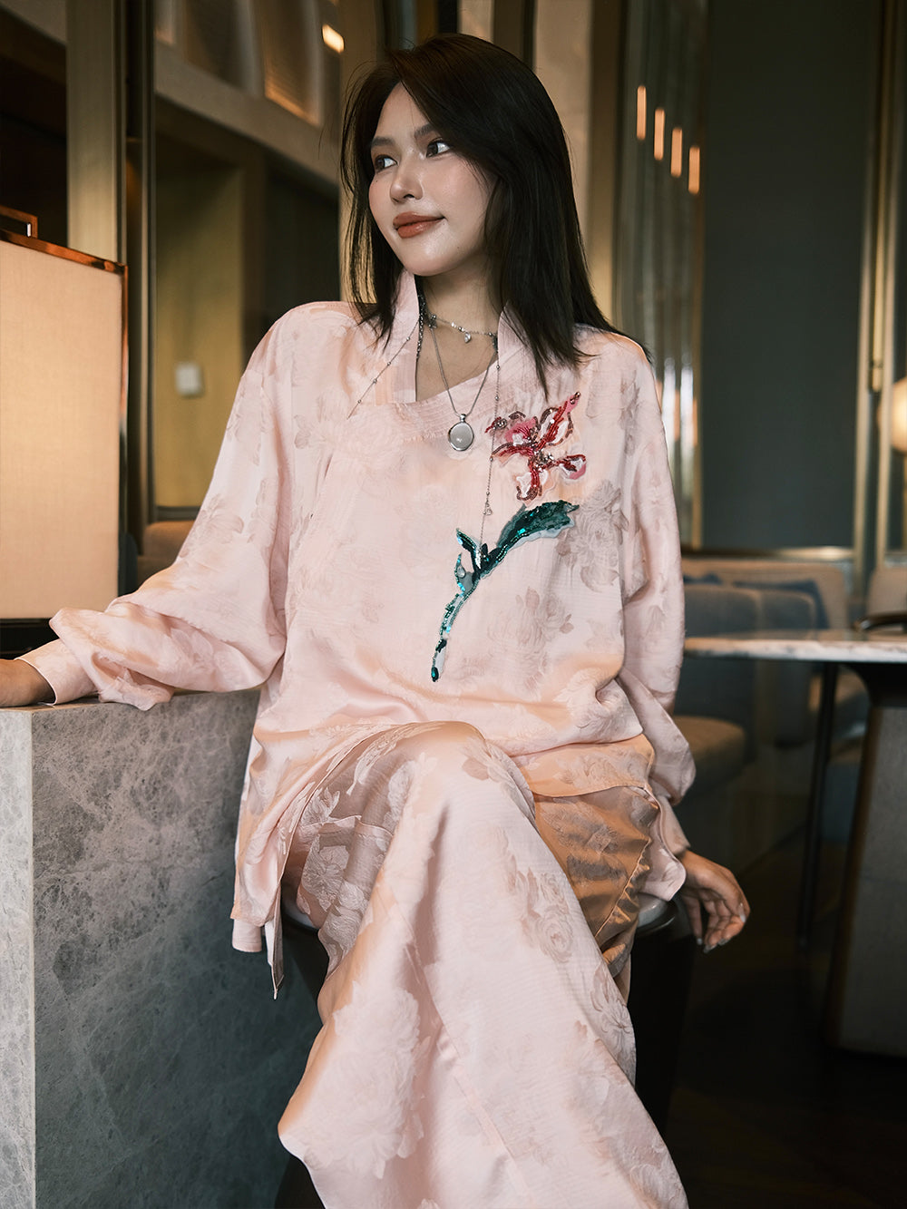 MUKZIN“Capsule Collection”Pink Jacquard Loose Wide-Leg Pants