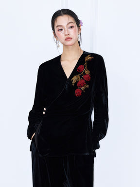 MUKZIN“Capsule Collection”Velvet Wrap Top with Red Floral Embroidery