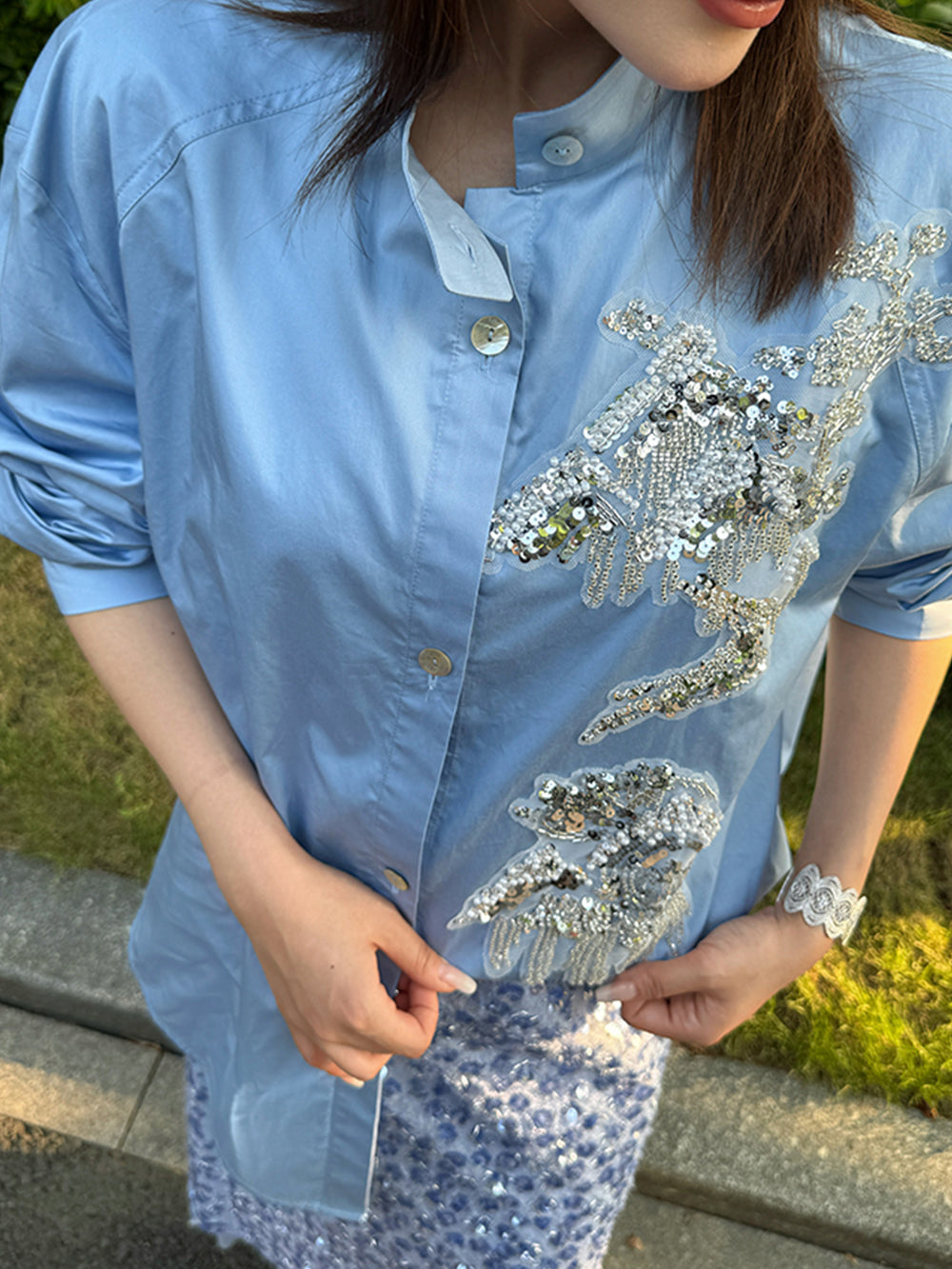 MUKZIN¡°Capsule Collection¡±Light Blue Floral Embroidered Oversized Button-Down Shirt | Oriental Sequin Embellished Long Sleeve Blouse