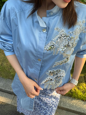 MUKZIN¡°Capsule Collection¡±Light Blue Floral Embroidered Oversized Button-Down Shirt | Oriental Sequin Embellished Long Sleeve Blouse