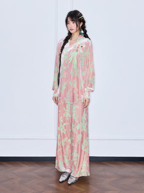 MUKZIN“Capsule Collection”Pink Velvet Chinese-Style Printed Wide-Leg Pants