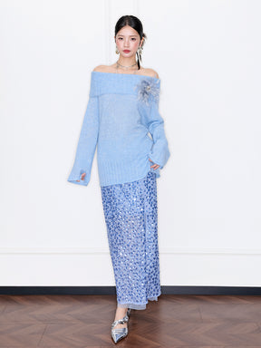 MUKZIN“Capsule Collection”Off-the-shoulder Feather Decor Loose Sweater