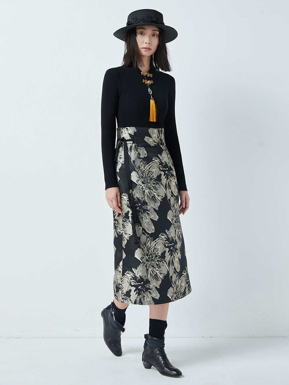 MUKTANK×CUUDICLAB Jacquard Midi Bodycon Skirt