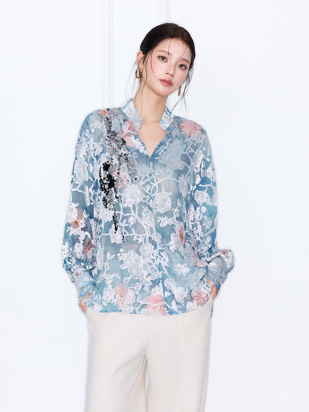 MUKZIN“Capsule Collection”Light Blue Floral Lace Blouse with Sequins - Loose Lantern Sleeves
