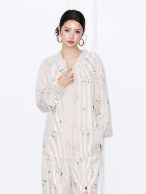 MUKZIN“Night Ballad of Chang'an”Striped Floral Embroidered Tie-Neck Blouse | Oriental-Inspired Long Sleeve Shirt