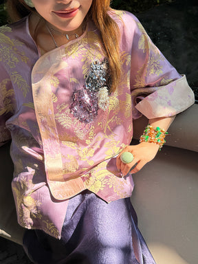 MUKZIN“Capsule Collection”Pink-Purple Jacquard Sequin Beaded Chinese-Style Top