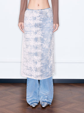 MUKZIN“Night Ballad of Chang'an”Women's Floral Lace Overlay Flare Jeans Beaded High Waist Denim Pants