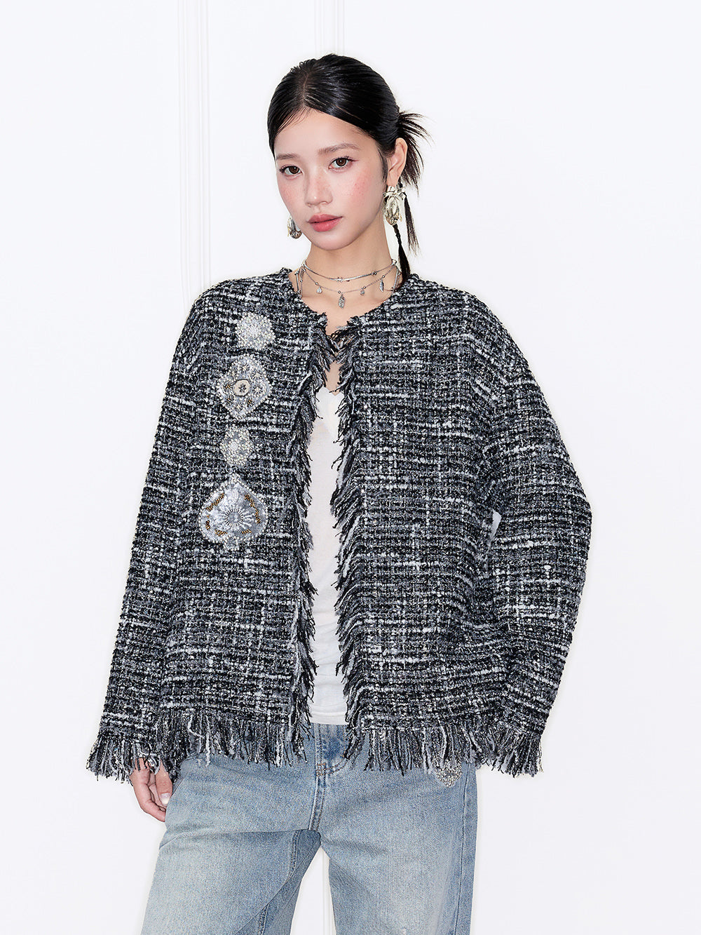 MUKZIN“Capsule Collection”Black & White Tweed Fringe Cardigan with Retro Diamond Embellishments (Chanel-Style Jacket)