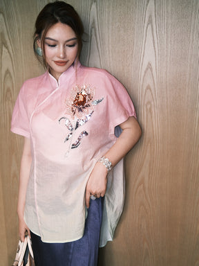 MUKZIN“Capsule Collection”Gradient Pink Sequin Embroidered Modified Qipao Top