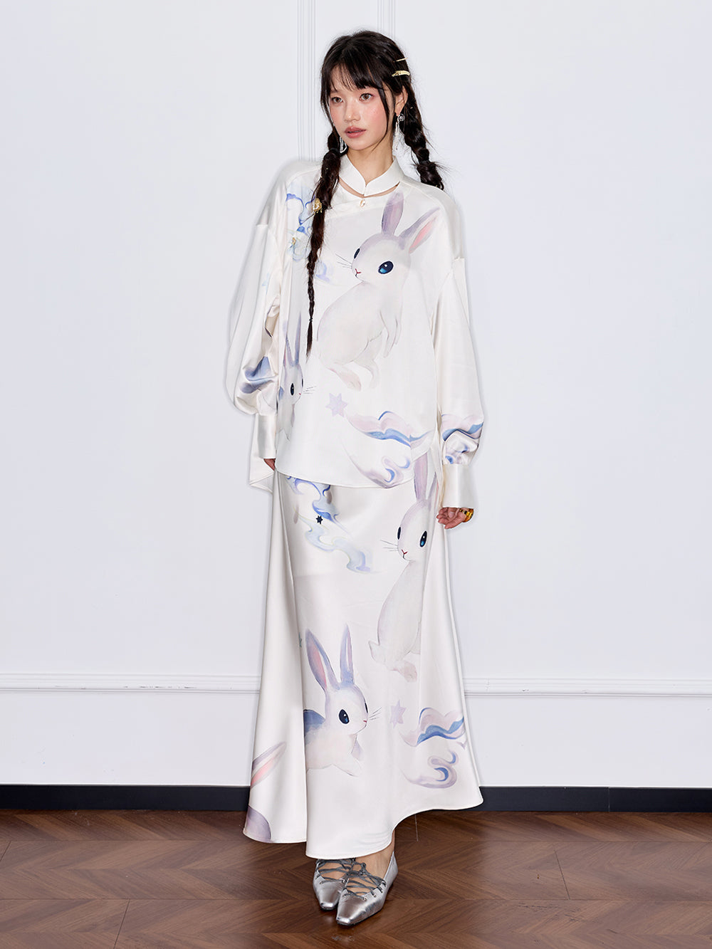 MUKZIN“Capsule Collection”New Chinese Style National Style Jade Rabbit Print Oblique Placket Blouse