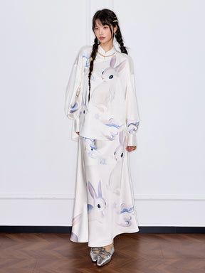 MUKZIN“Capsule Collection”New Chinese Style National Style Jade Rabbit Print Oblique Placket Blouse