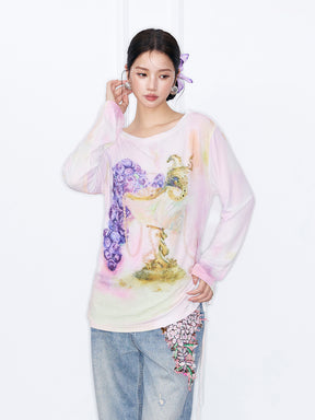 MUKZIN“Night Ballad of Chang'an”Grape & Goblet Watercolor Print Long Sleeve Top | Artistic Tie-Dye Tee