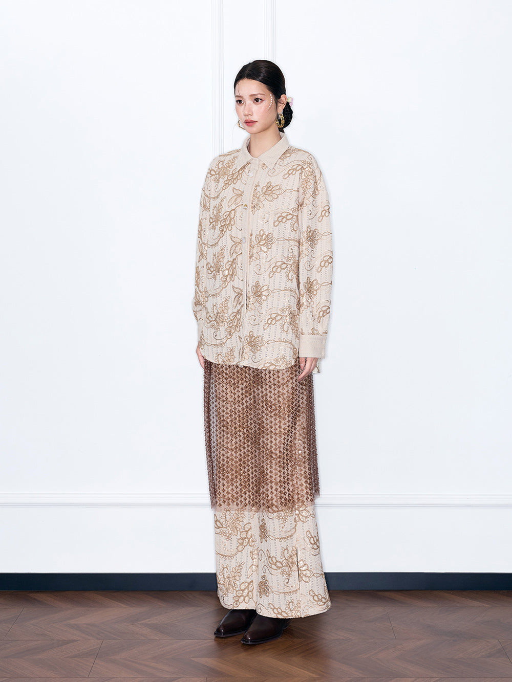 MUKZIN“Capsule Collection”Beige Floral Embroidered Oversized Button-Down Shirt | Oriental Sequin Embellished Long Sleeve Blouse