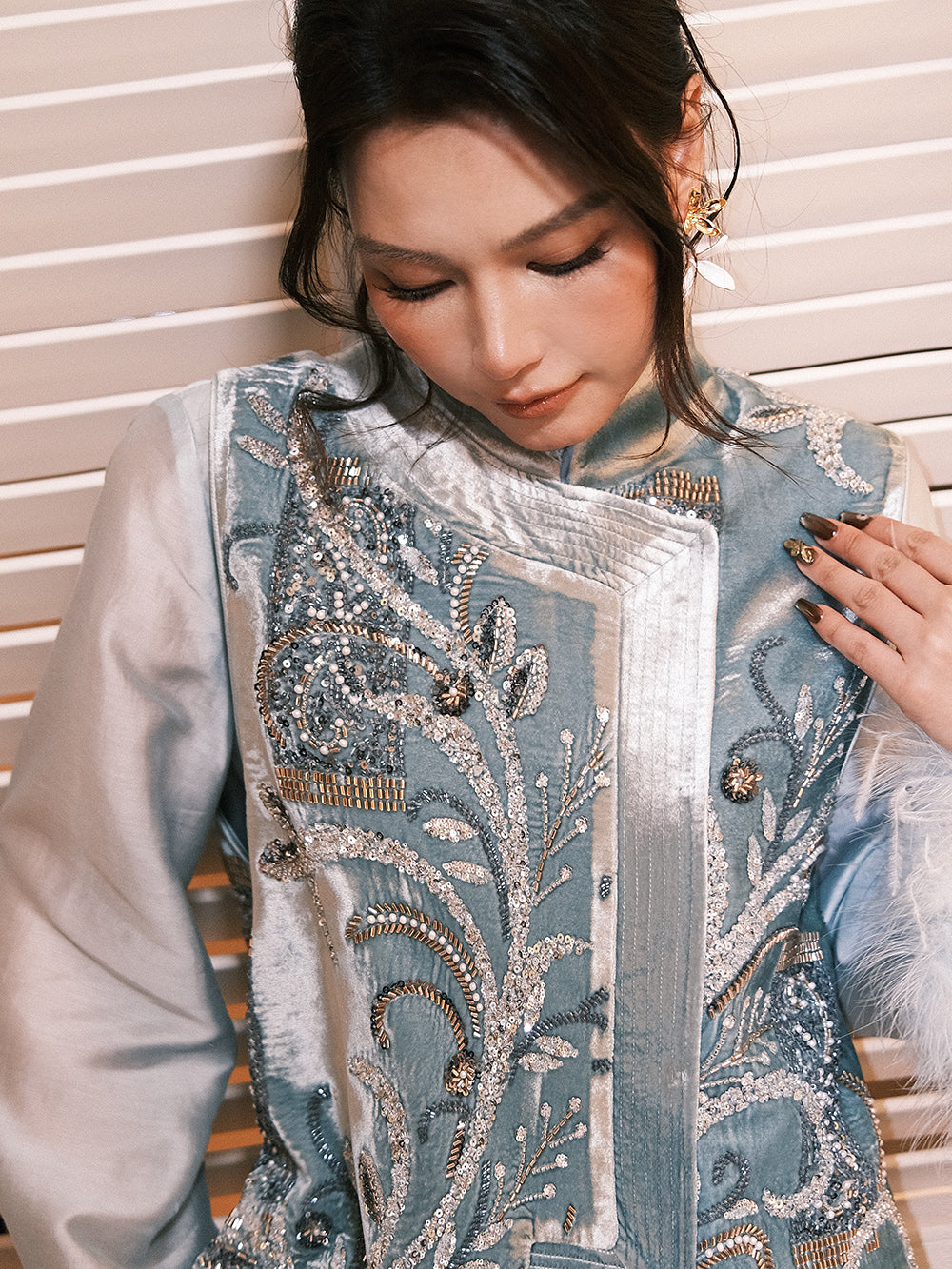 MUKZIN¡°Capsule Collection¡±Blue Velvet Chinese Style Embroidered Vest