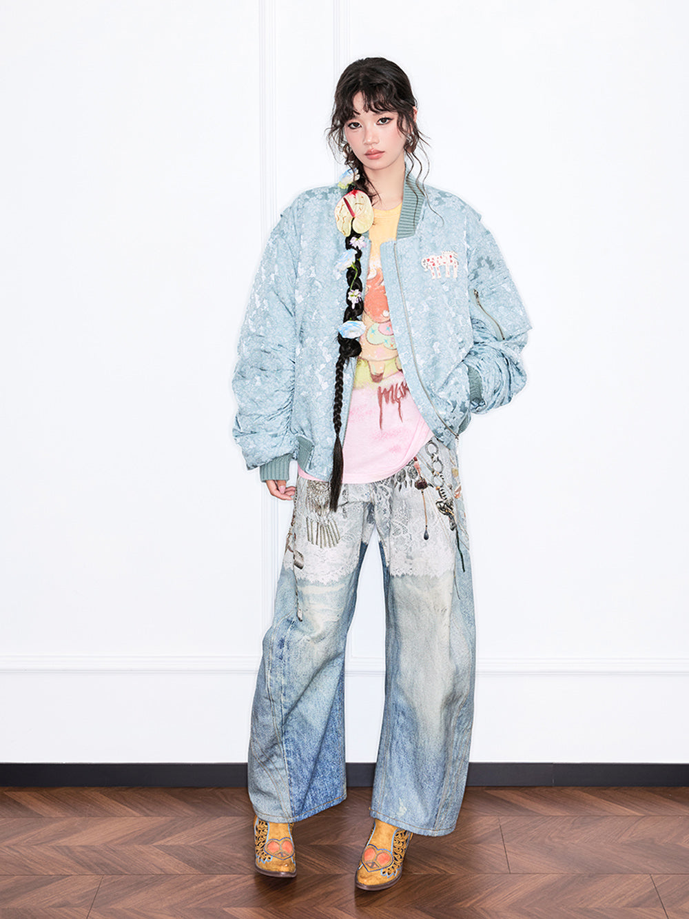 MUKZIN“Realm of Ethereal Mist”Retro Tie - Dye Embroidered Loose Bomber Jacket