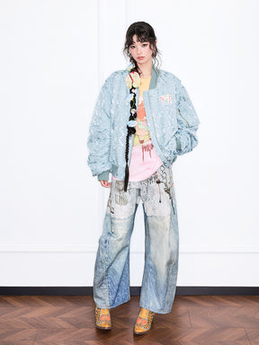 MUKZIN“Realm of Ethereal Mist”Retro Tie - Dye Embroidered Loose Bomber Jacket