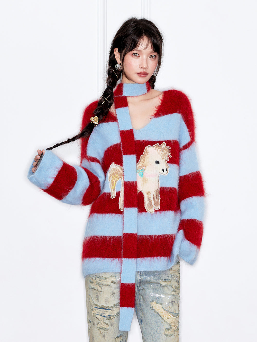 MUKZIN“The Sequence of Deer's Call”Red & Blue Striped Turtleneck Scarf Neck Pony Decor Sweet Cool Oversized Knit Sweater