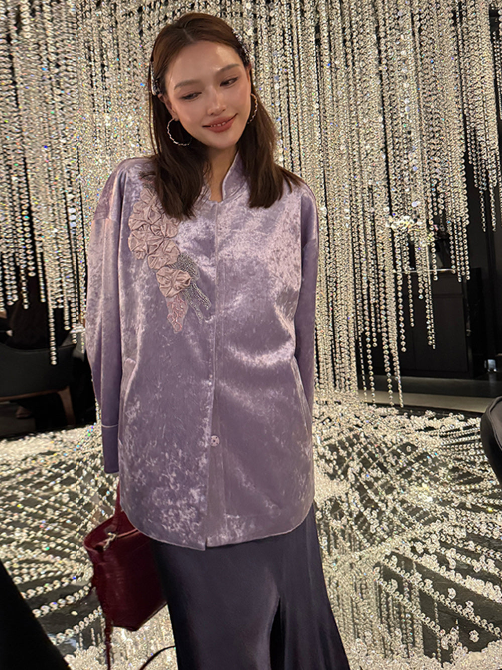MUKZIN“Capsule Collection”Lavender Purple Velvet Oversized Shirt | 3D Floral Embroidery Beaded Mandarin Collar Blouse