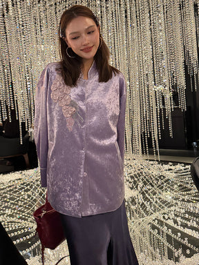 MUKZIN¡°Capsule Collection¡±Lavender Purple Velvet Oversized Shirt | 3D Floral Embroidery Beaded Mandarin Collar Blouse