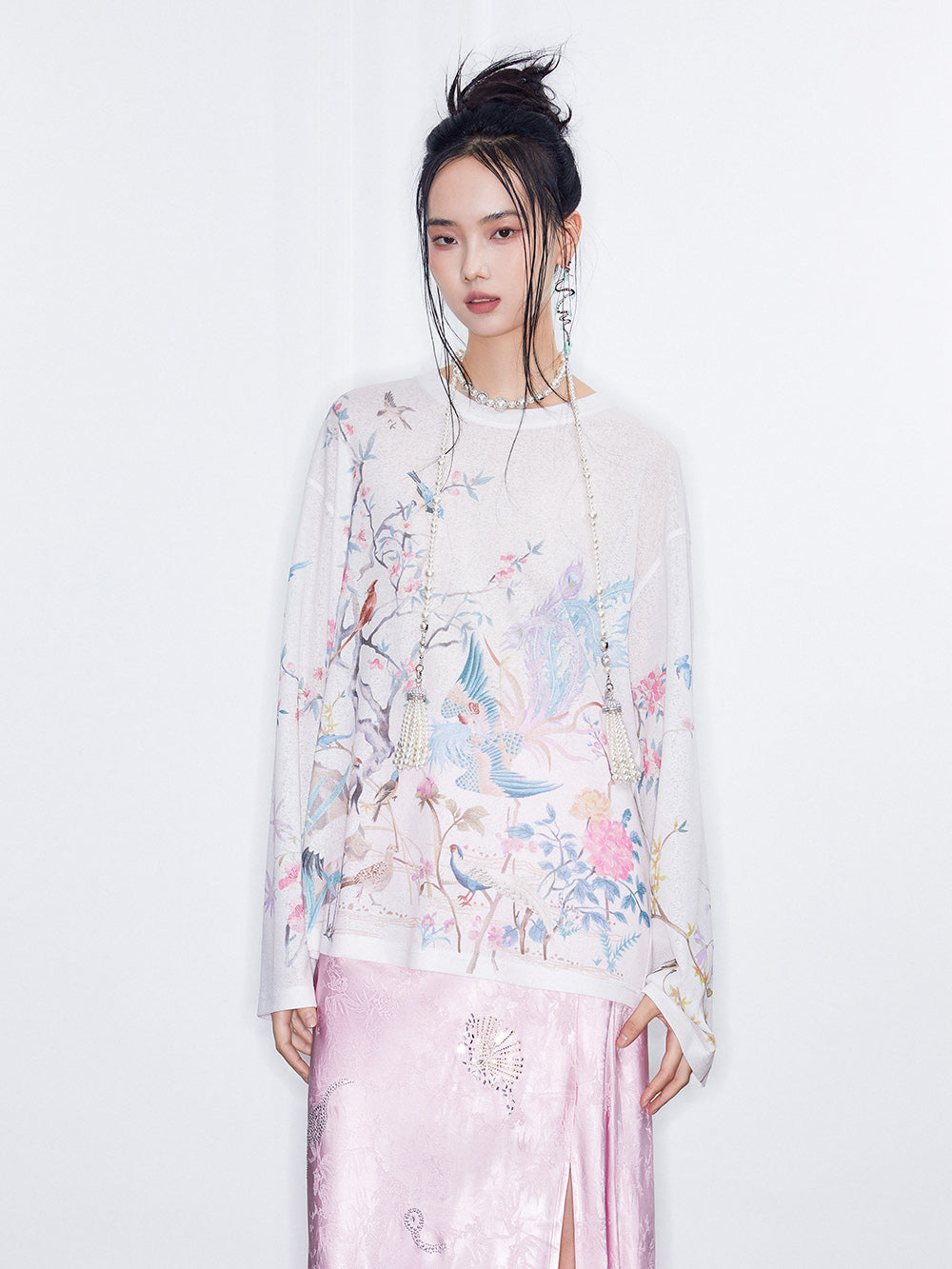 MUKZIN SpringPrelude “Dotting Spring Branches”Loose Round - neck Chinese - style Printed Knitted Long - sleeve Shirt