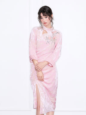 MUKZIN“Realm of Ethereal Mist”National Style Improved Pink Velvet Embroidered Hollowed-out Pleated Slit Dress