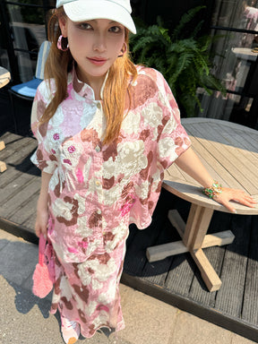 MUKZIN“Capsule Collection”Pink - Brown Tie - Dye Jacquard Sheer Shirt