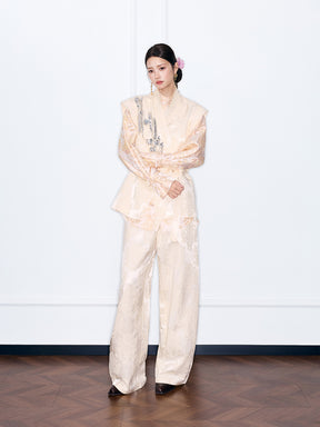 MUKZIN“Night Ballad of Chang'an”Beige Jacquard Sleeveless Vest with Sequin Embroidery | Oriental Wrap Belted Waistcoat