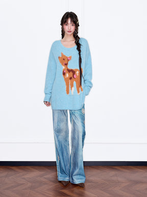MUKZIN“The Sequence of Deer's Call”Light Blue/Soft Pink Deer Pattern Oversized Fuzzy Knit Sweater