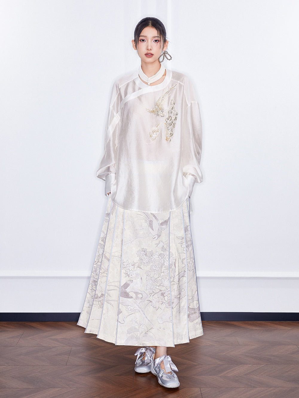 MUKZIN SpringPrelude Chanting Pine Chinese - style Round - collar Translucent Traditional - style Shirt