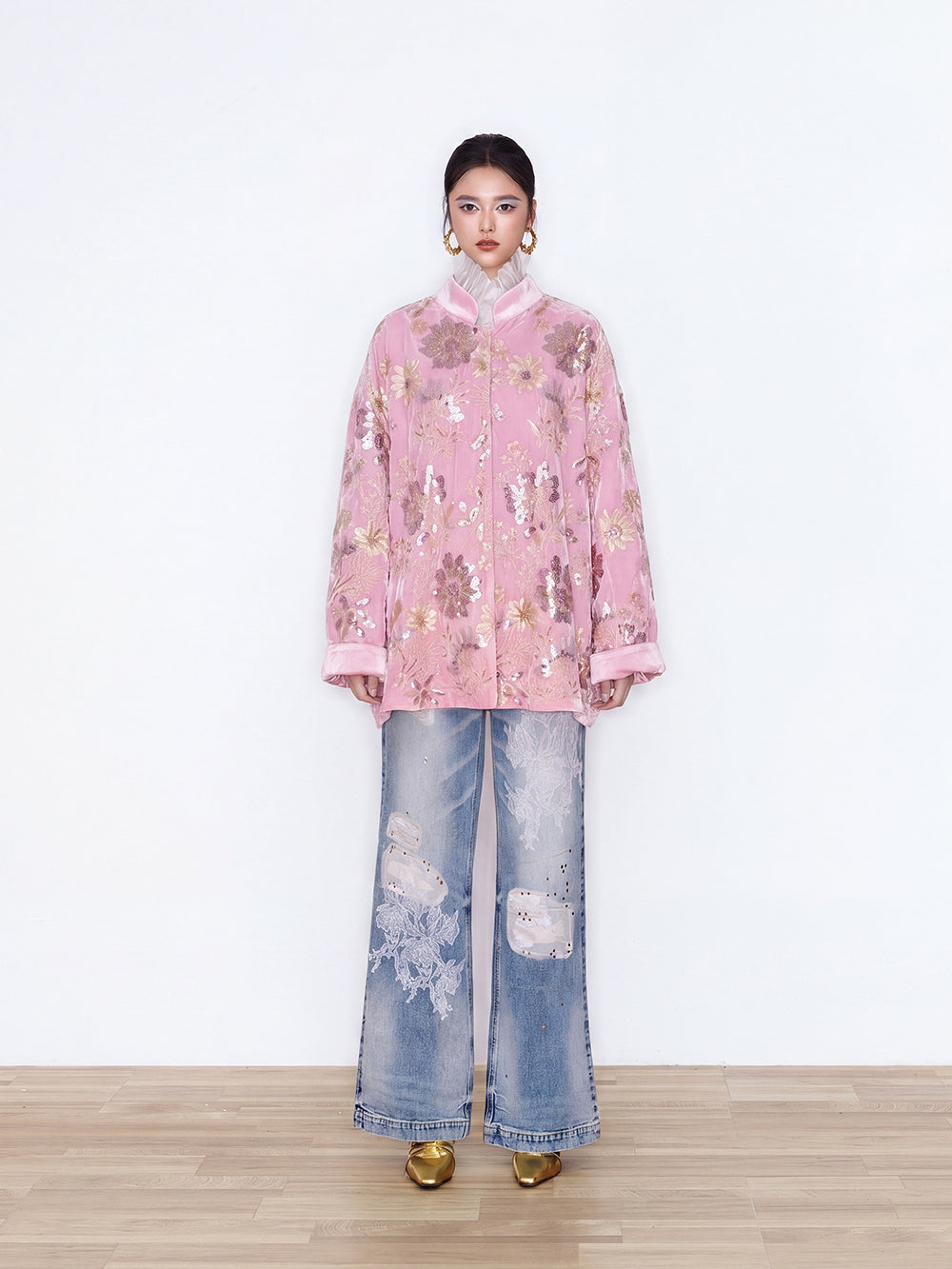 MUKZIN×Capsule Collection New Chinese-Style Pink Velvet Jacket with Floral Embroidery and Stand Collar