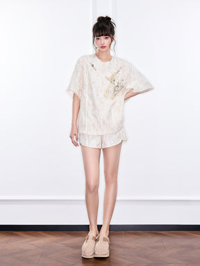 MUKZIN "Ode to the New Summer"Chinese-style Retro National Style Embroidered Sequin Loose Casual Shorts