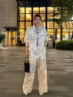 MUKZIN“Capsule Collection”Jacquard Tulle Sheer Wide-Leg Pants