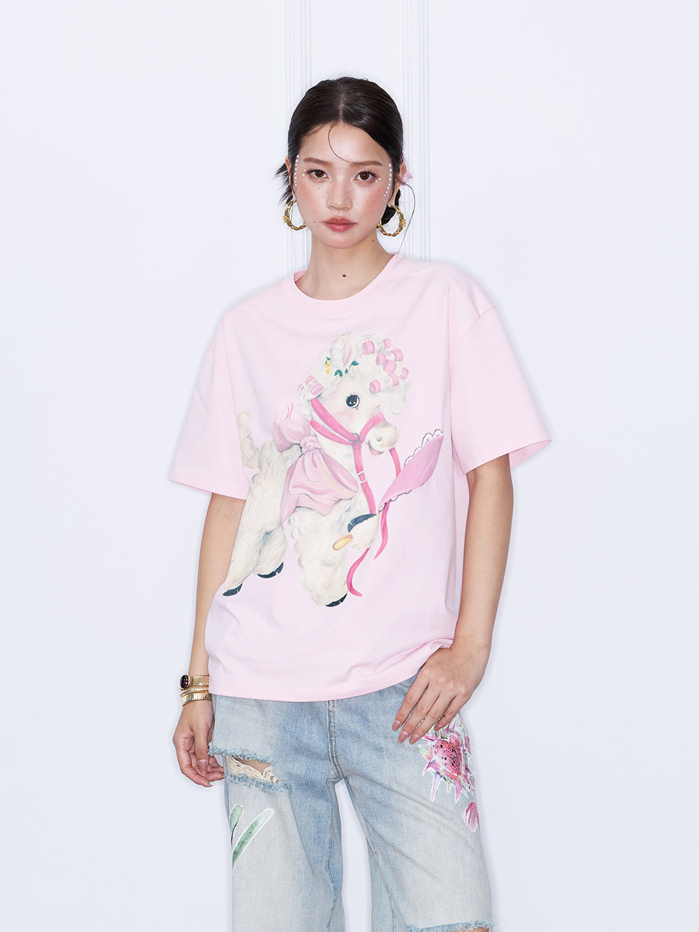 MUKZIN“Capsule Collection”Pink Cartoon Pony Print Oversized Graphic T-Shirt