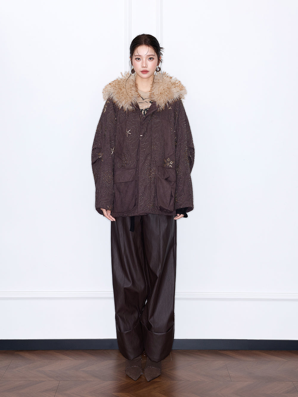 MUKZIN“Capsule Collection”Oversized Fur Collar Puffer Coat Coffee Metallic Print Casual Winter Jacket