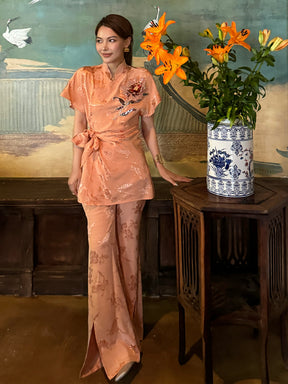 MUKZIN“Capsule Collection”Light Blue Chinese - style Frog Button Floral Embroidered Waist - cinching Top